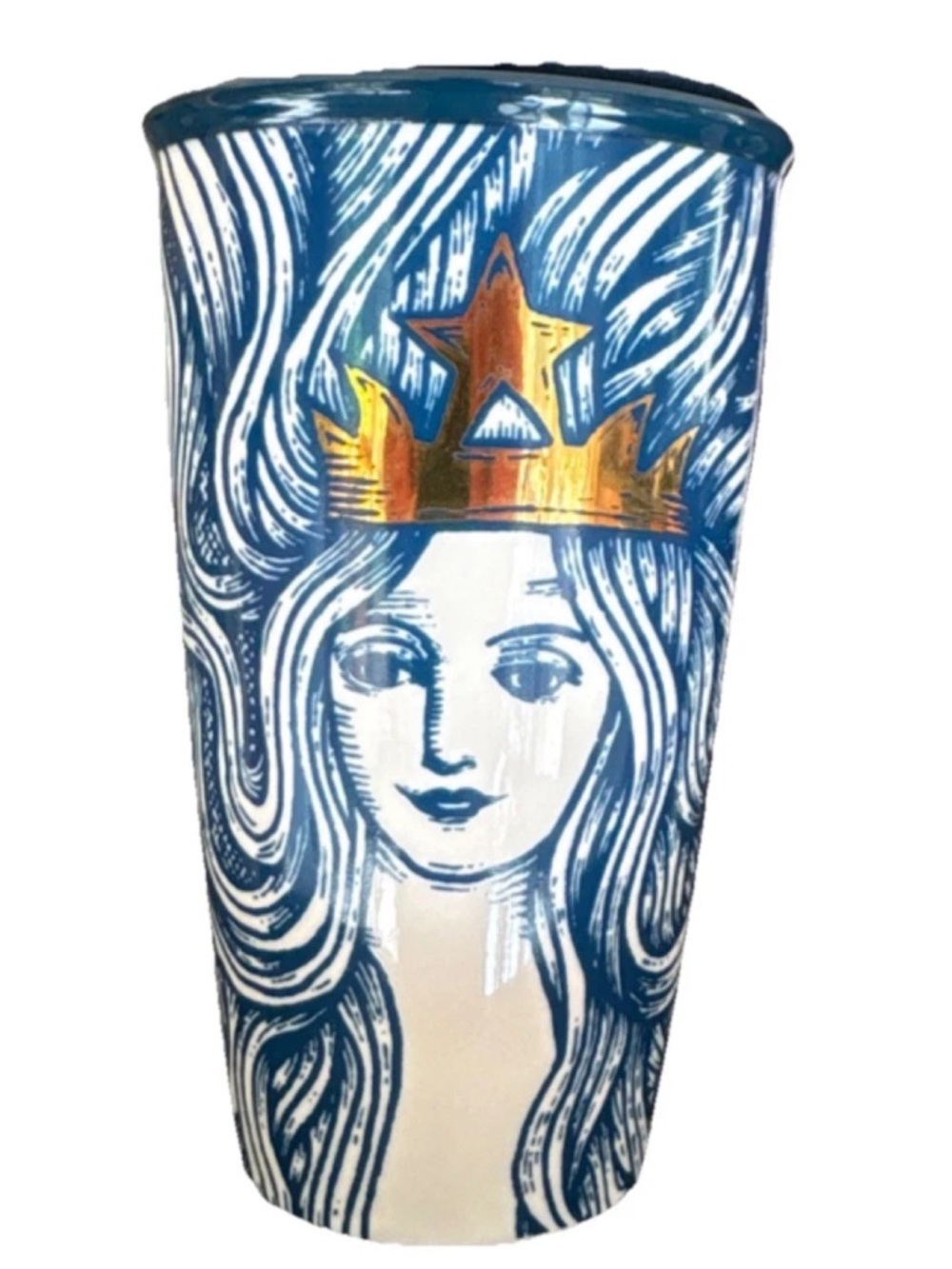 Starbucks Ceramic Tumbler with Blue Illustration and Gold Crown